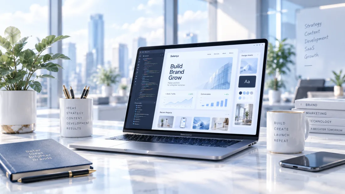 A laptop displaying website design and development work
