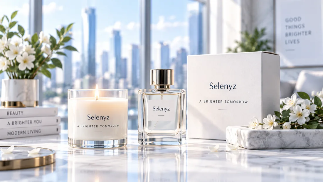 Selenyz candle and fragrance arranged beside flowers