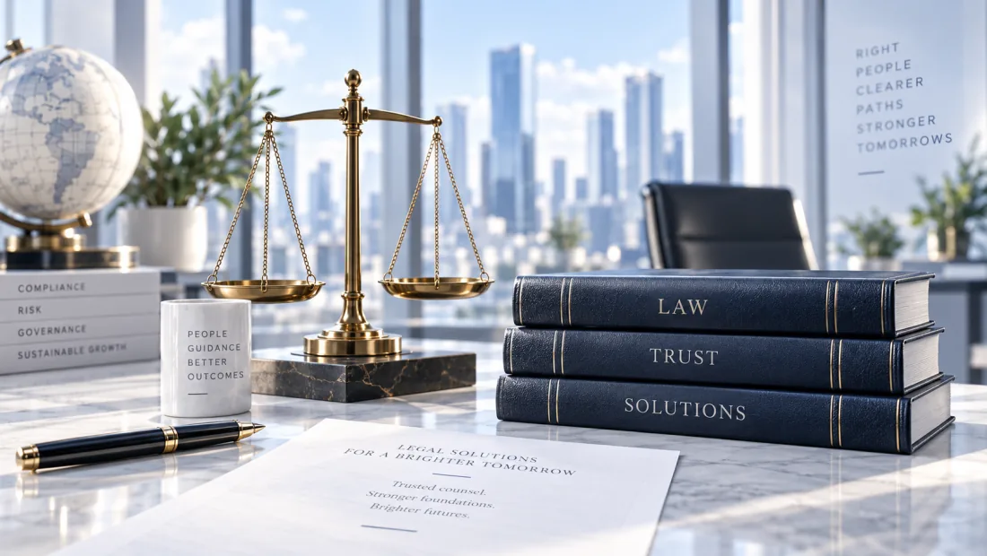 Scales of justice and law books in a contemporary office