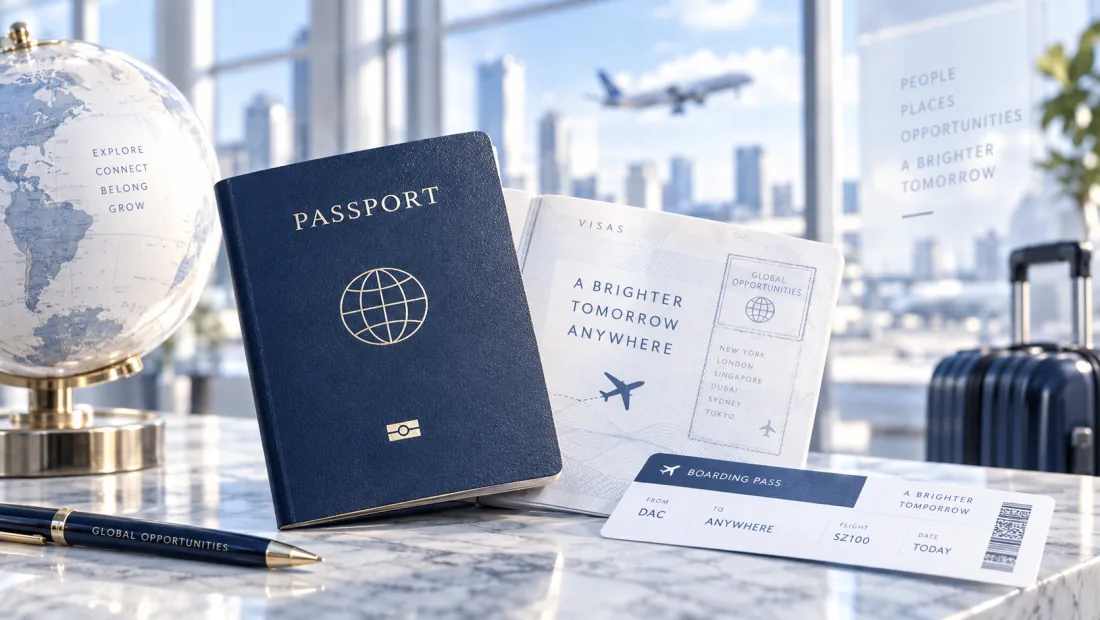Passport, travel documents and a globe in a bright office